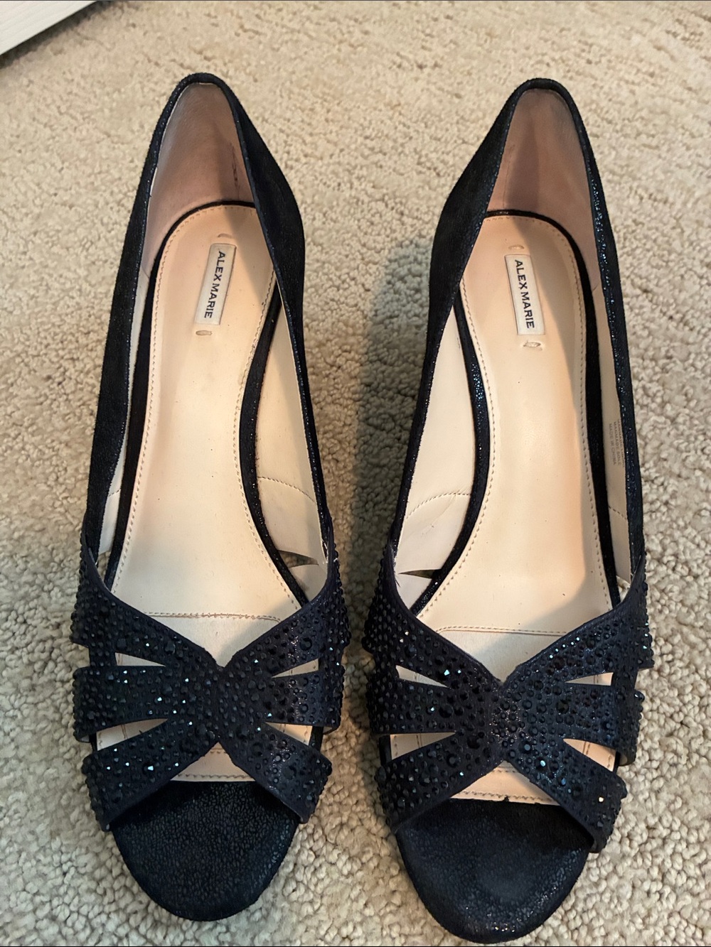 Alex Marie Black Open-Toe Embellished Wedge Pumps